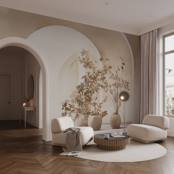 Fototapety Rostliny v květináčích v béžových tónech před abstraktními oblouky, minimalistický styl, elegantní a, Fototapety 3D, w09013 : uwalls.cz
