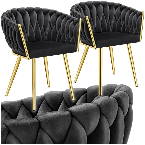 Tectake Set jídelních židlí Astano samet, uzlový design - černá/zlatá, Sada 2 kusů