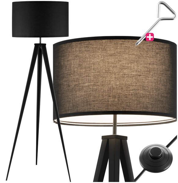 Tectake Stojací lampa Lunaris, textilní stínidlo, trojnožka - černá