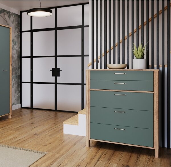 Komoda MENTA 90x108x47 cm dub wotan/zelená