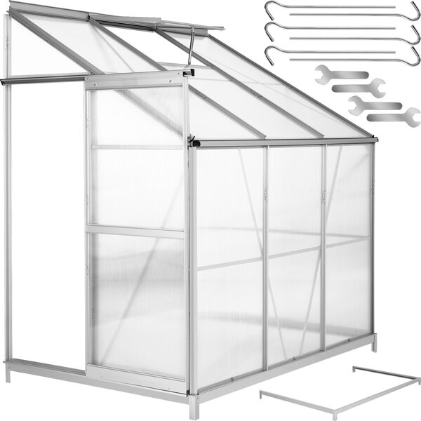 Tectake Skleník 192x128x202cm Polykarbonátová přístavba ke zdi + základna - průhledná