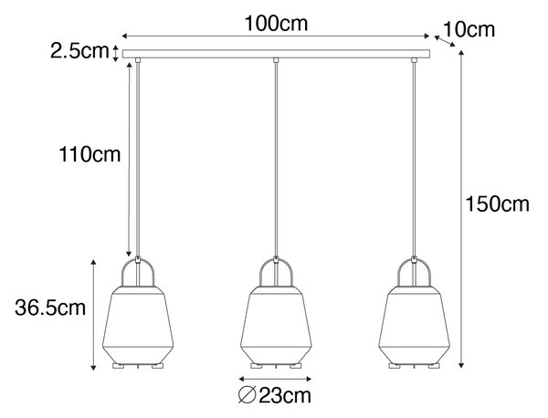 Závěsné svítidlo černé s kouřovým sklem 23 cm obdélníkové 3-světlo - Kevin