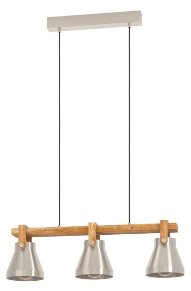 Eglo 43952 CAWTON - Závěsný trojramenný lustr nad stůl nebo sedačku se dřevěnou lištou, 3 x E27, 76cm (Závěsné svítidlo, ocel a dřevo)