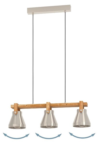 Eglo 43952 CAWTON - Závěsný trojramenný lustr nad stůl nebo sedačku se dřevěnou lištou, 3 x E27, 76cm (Závěsné svítidlo, ocel a dřevo)
