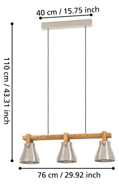 Eglo 43952 CAWTON - Závěsný trojramenný lustr nad stůl nebo sedačku se dřevěnou lištou, 3 x E27, 76cm (Závěsné svítidlo, ocel a dřevo)