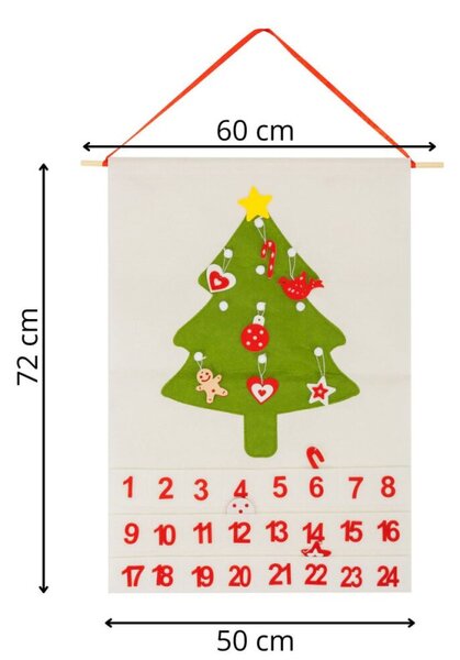Adventní kalendář s kapsami plstěný pro děti 50x72cm, vánoční dekorace