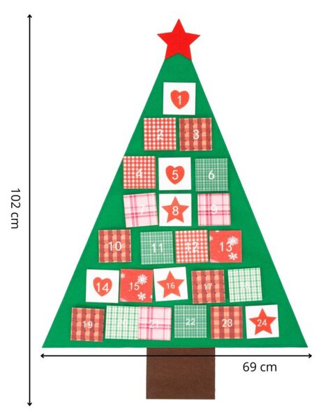Adventní kalendář plstěný pro děti - zelený stromeček 102cm, vánoční dekorace