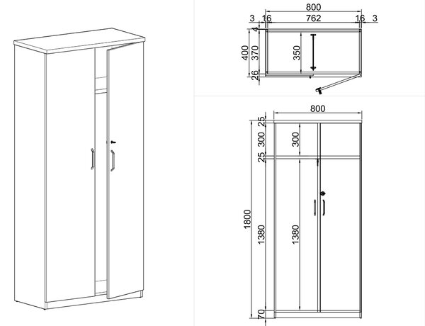 Šatní skříň s výsuvem MIRELLI A+, 800 x 400 x 1800 mm, bříza