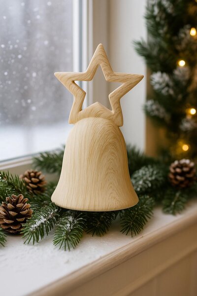 Vánoční zvonek keramický hvězda motiv dřevo 13*7cm 3003280