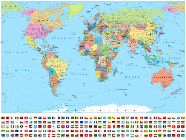Fototapeta Mapa světa s různými vlajkami, Dětské fototapety, Populární fototapety, u60137 - Tapeko.co.cz