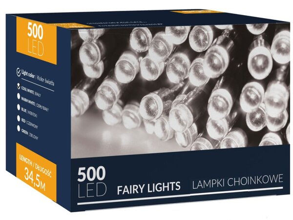 LED světelný řetěz - 34,5m, 500LED, 8 funkcí, studená bílá
