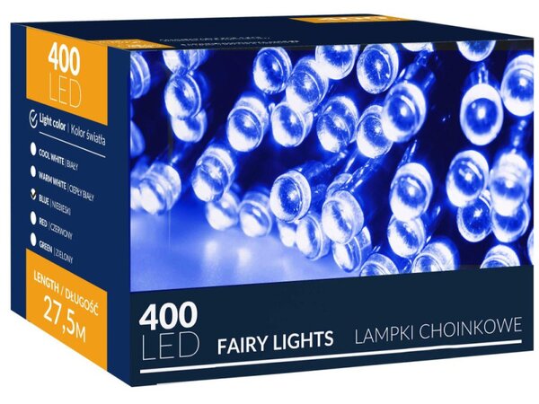 LED světelný řetěz - 27,5m, 400LED, 8 funkcí, modrá