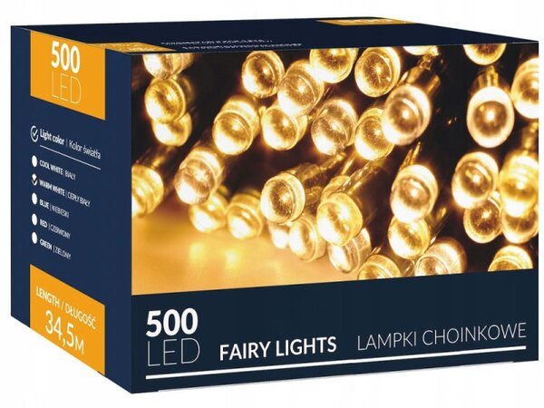 LED světelný řetěz - 34,5m, 500LED, 8 funkcí, teplá bílá