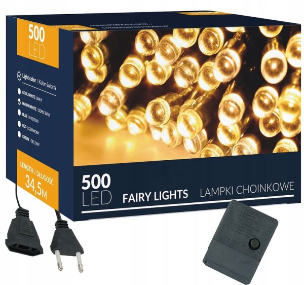LED světelný řetěz - 34,5m, 500LED, 8 funkcí, teplá bílá