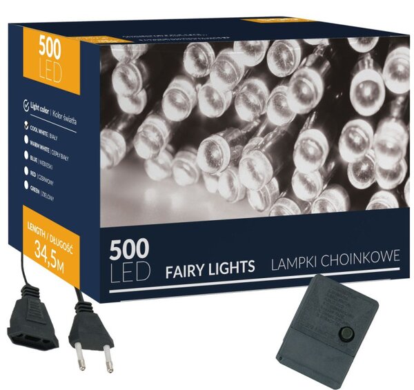 LED světelný řetěz - 34,5m, 500LED, 8 funkcí, studená bílá