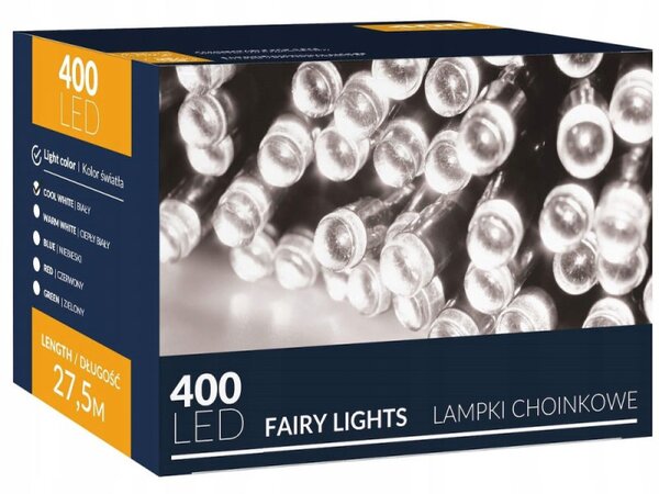 LED světelný řetěz - 27,5m, 400LED, 8 funkcí, studená bílá