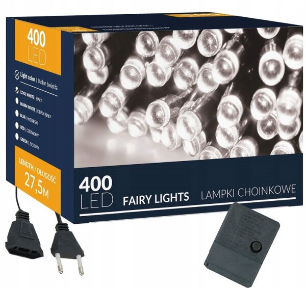 LED světelný řetěz - 27,5m, 400LED, 8 funkcí, studená bílá