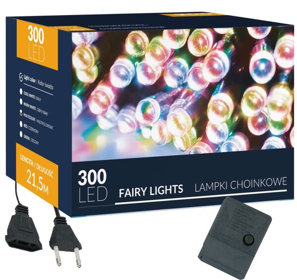 LED světelný řetěz - 21,5m, 300LED, 8 funkcí, multicolor