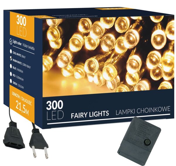 LED světelný řetěz - 22,5m, 300LED, 8 funkcí, teplá bílá