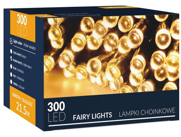 LED světelný řetěz - 22,5m, 300LED, 8 funkcí, teplá bílá