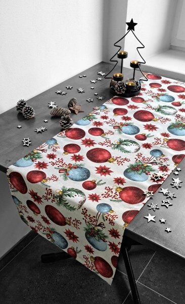 Textilní běhoun na stůl - Vánoce - červené vánoční ozdoby - 30 x 120 cm