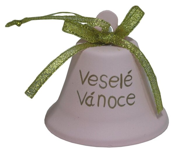 Vánoční zvonek plechový růžový Veselé Vánoce 6,5cm 3003293