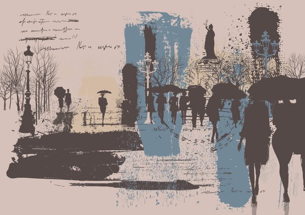 Fototapeta Skupina lidí na procházce s deštníky, Fototapeta s panoramatem města, Populární fototapety, t00239 - Tapeko.co.cz