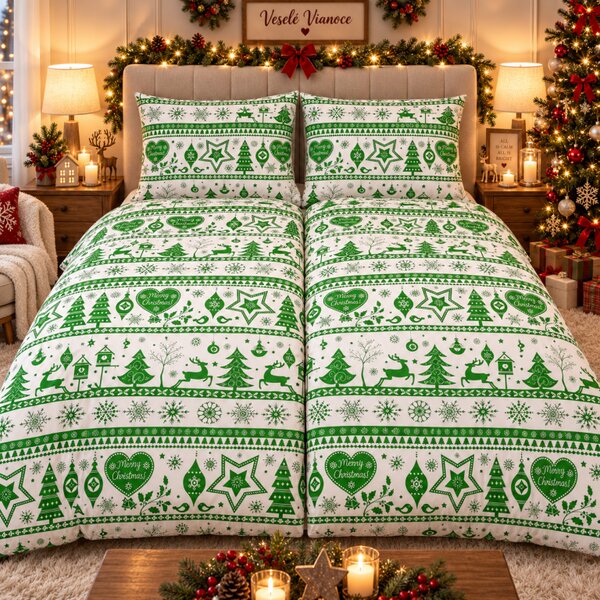 Povlečení bavlněné Vánoční povlečení Christmas zelené TiaHome - 1x Polštář 90x70cm, 1x Přikrývka 140x200cm