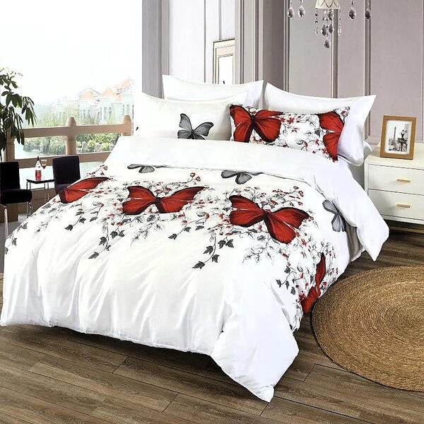 7 dílná sada povlečení na 2 postele + prostěradlo ZDARMA Red&Shadow Butterflies ()