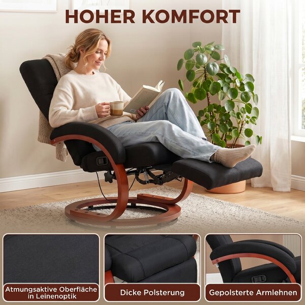 HOMCOM polohovací křeslo s opěrkou nohou – vysoká opěrka, ergonomické područky, eukalyptová podnož, látka s lněným vzhledem (černé) | Aosom