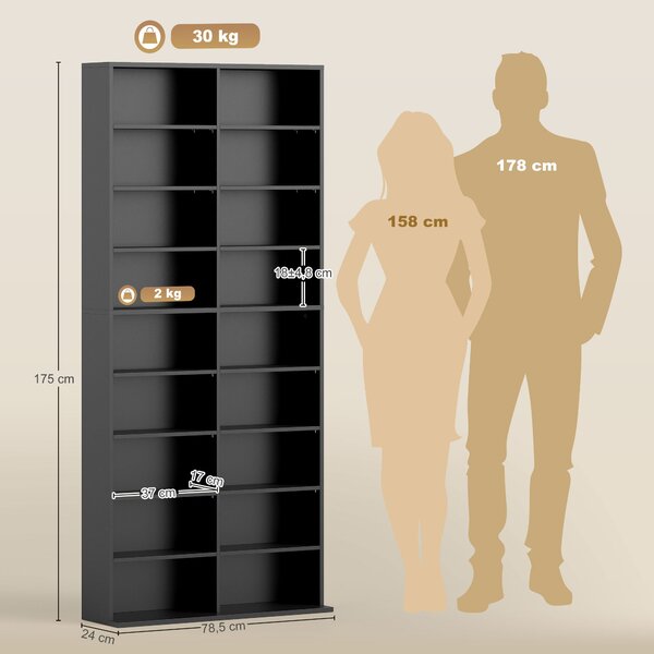 HOMCOM věž na CD, DVD a Blu‑ray — až 640 CD / 360 DVD / 430 Blu‑ray, nastavitelné police, černá (78,5 × 24 × 175 cm) | Aosom
