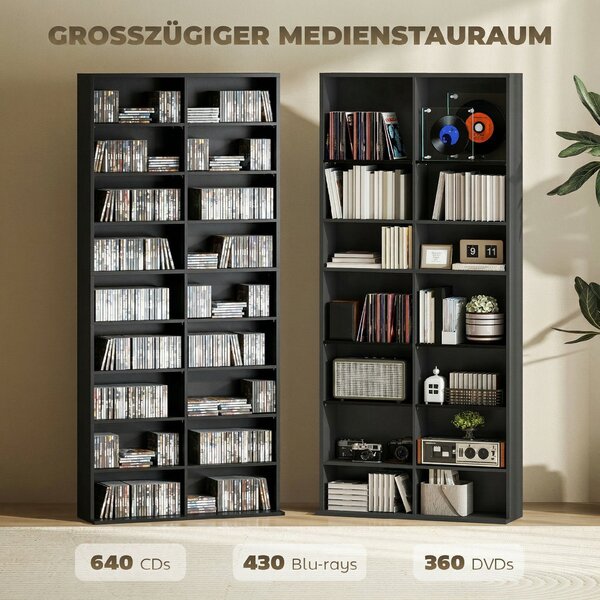 HOMCOM věž na CD, DVD a Blu‑ray — až 640 CD / 360 DVD / 430 Blu‑ray, nastavitelné police, černá (78,5 × 24 × 175 cm) | Aosom