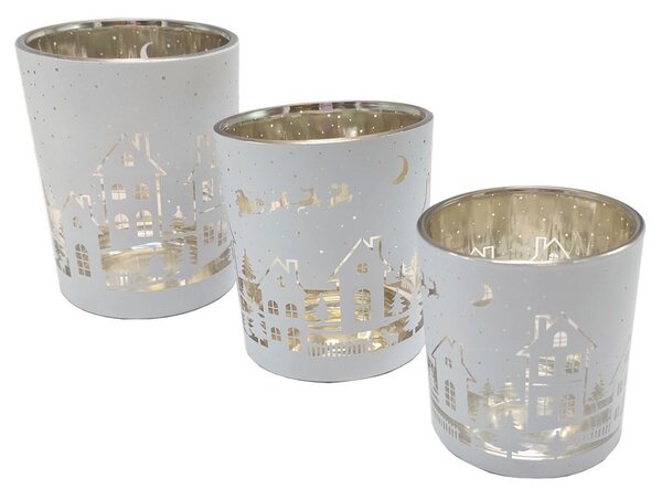 Svícen skleněný S bílé domky 7*5cm 9306105B