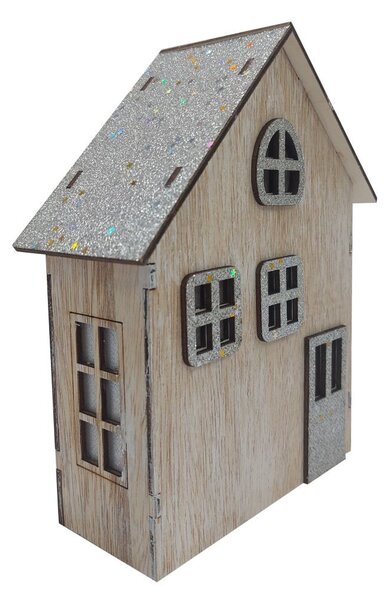 Dřevěný domek svítící LED stříbrný 18*15cm 2009346