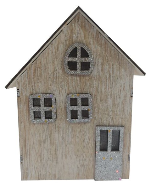 Dřevěný domek svítící LED stříbrný 18*15cm 2009346