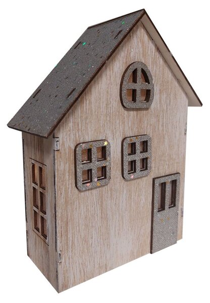 Dřevěný domek svítící LED stříbrný 18*15cm 2009346