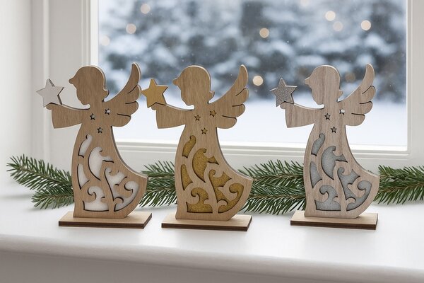 Anděl dřevěný s hvězdou bílý glitr 15cm 2009352A
