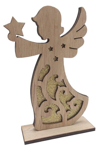 Vánoční dřevěný anděl se zlatým třpytivým zdobením 15cm 2009352C