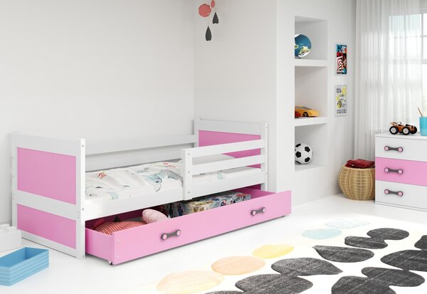 Dětská postel FIONA P1 COLOR + úložný prostor + matrace + rošt ZDARMA, 80x190 cm, bílý, růžová
