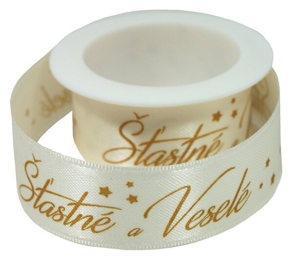 Látková stuha Šťastné a veselé krémová 2m x 2,5cm/3ks 7402806