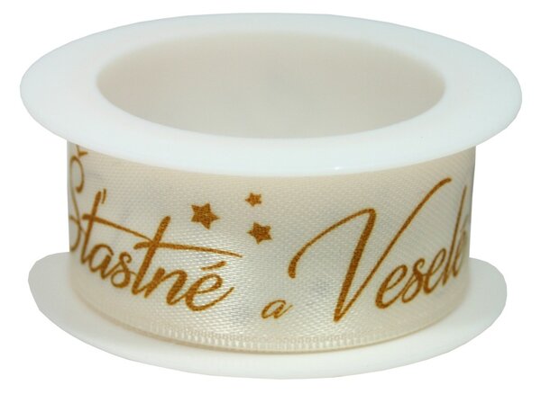 Látková stuha Šťastné a veselé krémová 2m x 2,5cm/3ks 7402806