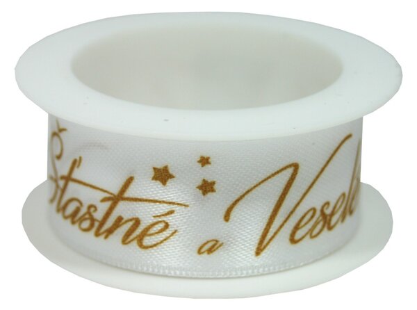 Látková stuha Šťastné a veselé bílá 2m x 2,5cm/3ks 7402805