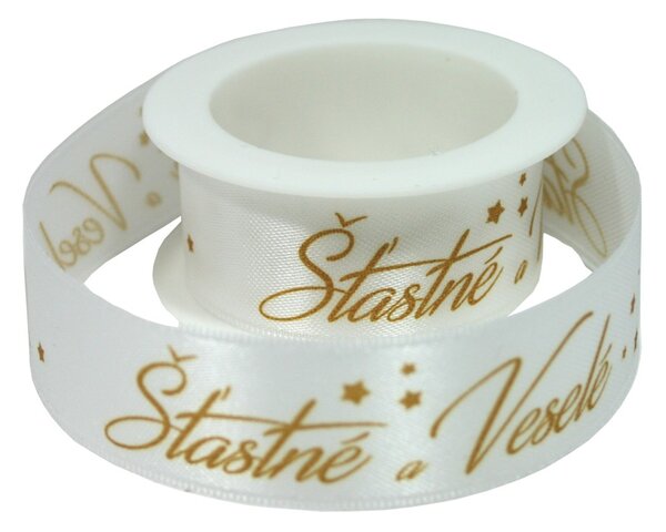 Látková stuha Šťastné a veselé bílá 2m x 2,5cm/3ks 7402805