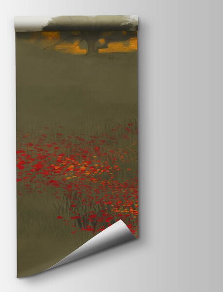 Fototapeta Pole červených květin s domem v pozadí, Přírodní fototapety, Populární fototapety, t00525 - Tapeko.co.cz