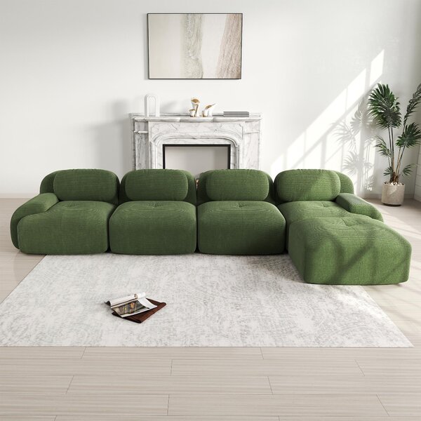 Rohová sedačka pro čtyři osoby, zelená, modulární sedačka potažená cordurovou látkou s chaise longue, rozměry 388x178x70 cm, bez rámu, volně kombinovatelná do obývacího pokoje