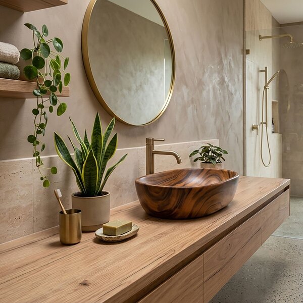 Rea Amelia Wood, umyvadlo na desku 480x345x135 mm, imitace dřeva-hnědá matná, REA-U5060