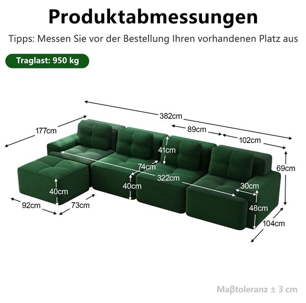 Modulární pohovka ve tvaru "L" s křeslem, zelená pohovka z mikrovlákna pro 4 osoby, nízká pohovka "Cloud" s hloubkou sedu 74 cm, dodávána bez nutnosti montáže, rozměry: 382 x 177 x 69 cm