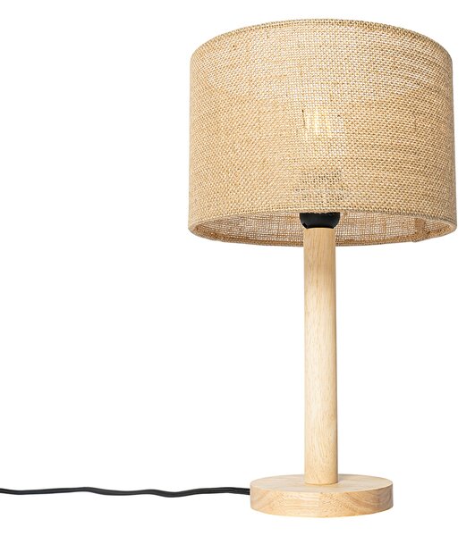 Venkovská stolní lampa dřevěná s lněným stínidlem natural 25 cm - Mels