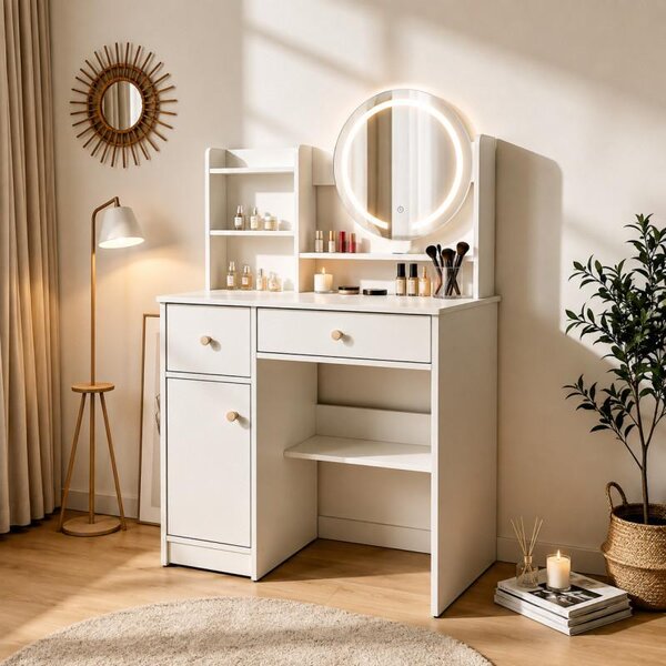 ModernHome ZDT-15 Toaletní stolek s kulatým zrcadlem a LED osvětlením