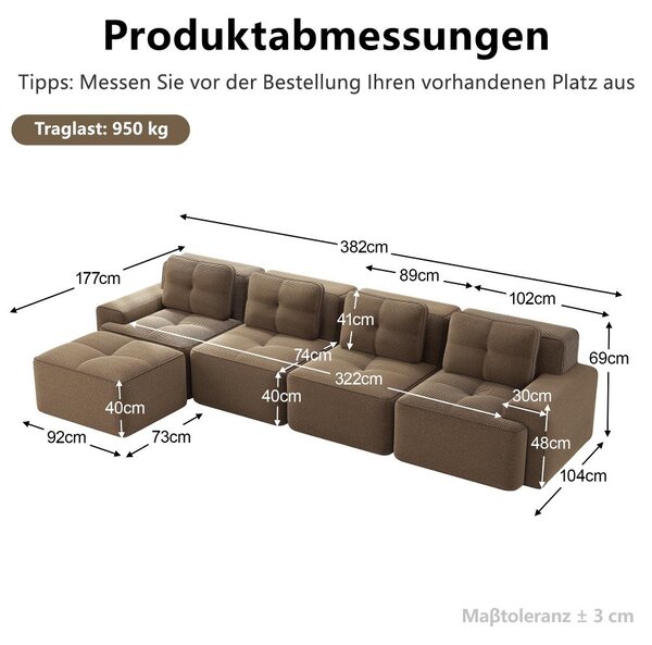 Modulární pohovka pro 4 osoby ve tvaru "L" s křeslem, hnědá pohovka s hloubkou sedu 74 cm, design s nízkým profilem, bez nutnosti montáže, rozměry 382 x 177 x 69 cm